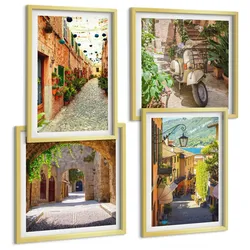 BILDER SET 4er Set - 50x50 cm & 40x60 cm Goldrahmen - Charmante Straßen und Pizza