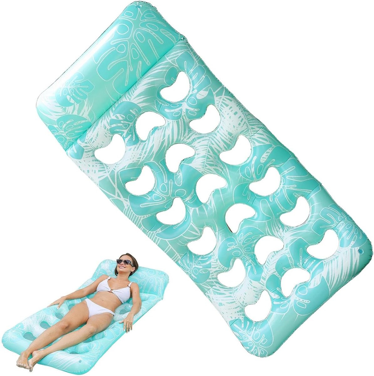 Lichtblauw Opblaasbaar Loungemeubel met Tropisch Bladpatroon - Zwemband Vlotter - 180 x 90 cm
