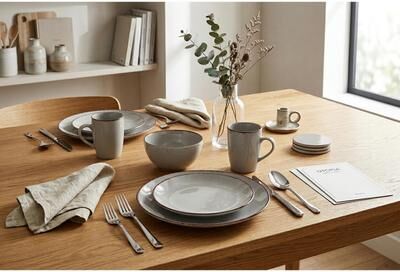 Safdie & Co. 16-Piece Stoneware Dinnerware Set with Silver Flatware, Service for 4 - Includes Dinner Plates, Salad Plates, Bowls, and Mugs