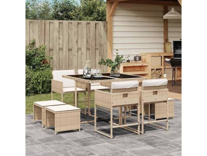 KTHLBRH Gartenmöbel-Set, 9-teilig, mit Kissen, beige Polyrattan, Glastisch, Klappstühle, waschbar, für Terrasse