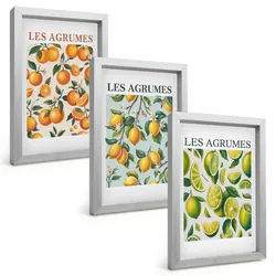 BILDER SET 3er Set - 20x30 cm Silberner Rahmen - Fruchtige Zitrus-Pastellmuster