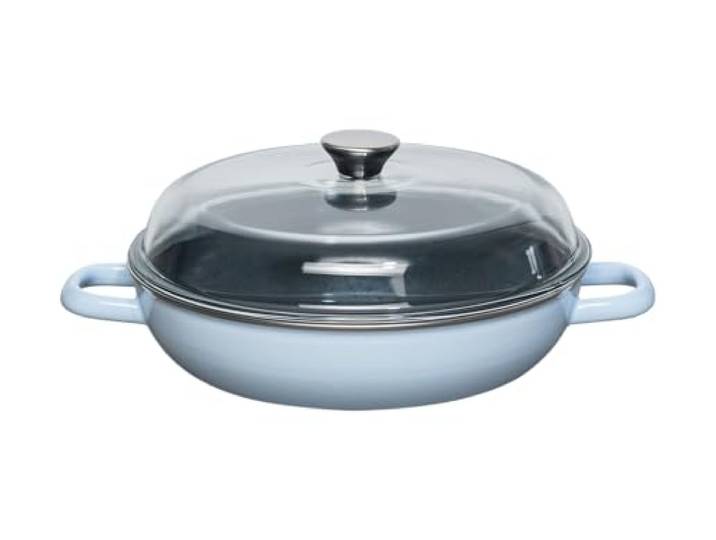 Riess, 0058-028, Schmorpfanne mit Glasdeckel Ø 28cm, BACKEMAILLE BLAU, Vol. (rec.): 2,6 Liter, Made in Österreich, LBH: 37,7x29,2x14,1cm, 3,068kg, Schmorpfanne, Emailliert, Kratzfest, Ofenfest