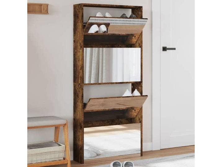 CHIC Armoire à chaussures - Meuble étagère à chaussures miroir à 4 niveaux chêne fumé 63x17x134 cm FR4746