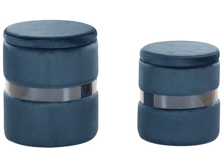 Beliani – Lot De 2 Poufs Coffres De Rangement En Velours Bleu – Ceinture En Acier Argenté – Forme Ronde – Dimensions 35x35cm – Élément Élégant Pour Intérieur