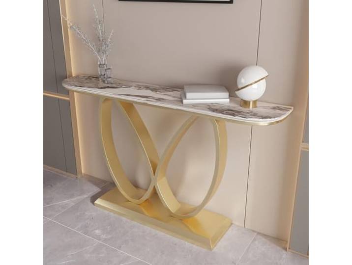 LJWFZBD Schmaler Konsolentisch, Sintersteinplatte, Metallrahmen für Eingang Sintersteinplatte, Kratzfest, Schmaler Flurtisch, Modernes Design, Stabile Konstruktion(Gold+White-gold,39.4 (100cm))
