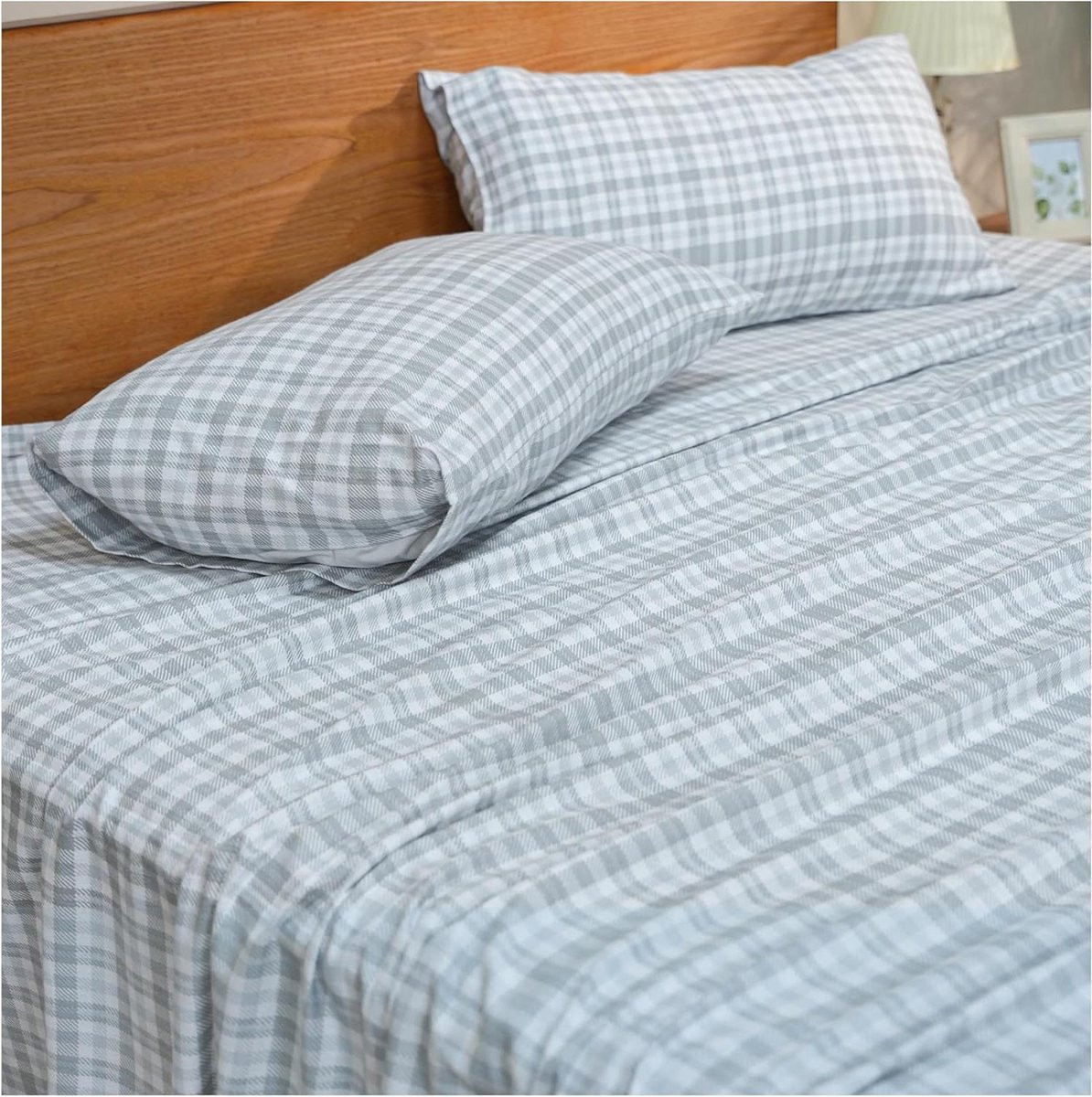 Blauw Geruite Flanellen Lakens Set - Dubbel Geborsteld Katoen - Full Maat