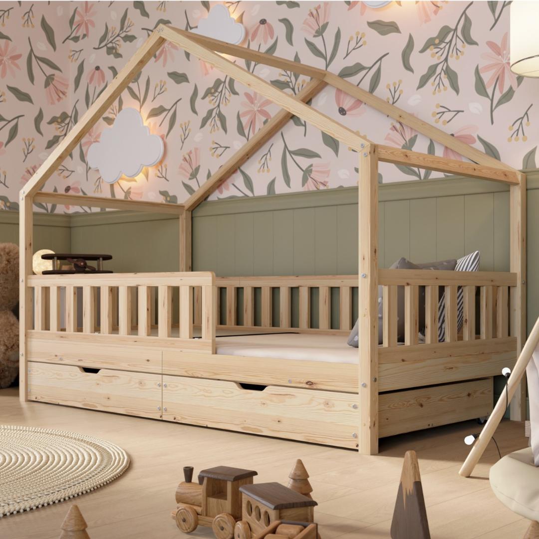 Crazy Pine Hausbett mit Schubladen 140x200 cm - Kinderbett aus Naturholz - Bodenbett mit Stauraum und Abnehmbarer Barriere - Crazy House