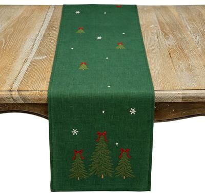 Saro Embroidered Christmas Tree Table Runner - Snowflake Accents and Bow-Topped Evergreen Design for Festive Dining & Entertaining