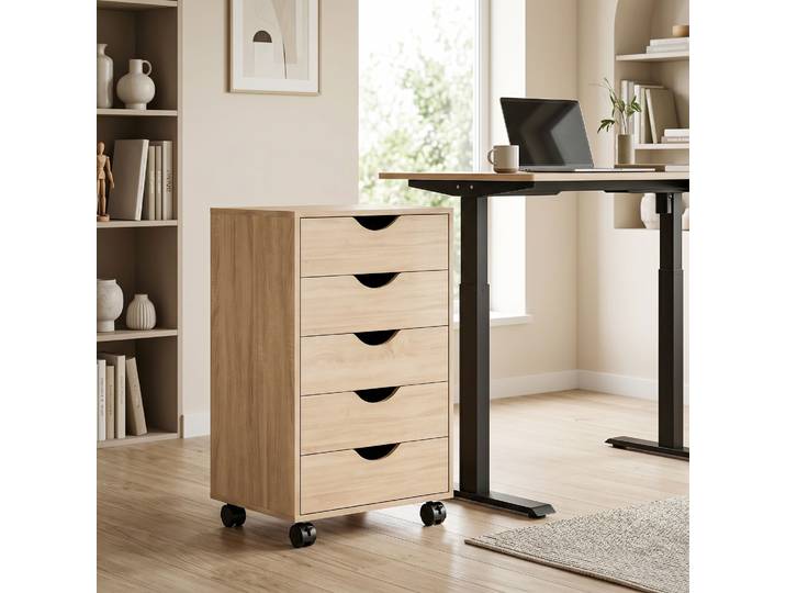 HOMCOM Caisson Bureau 5 Tiroirs Bois Chêne 40x40x67cm Roulettes