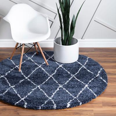 Hochflor-Teppich "Temara Shag, LAGERRÄUMUNG", blau (marineblau, elfenbeinfarben), H:51mm Ø:152cm, Polypropylen (PP), MYFLAIR MÖBEL & ACCESSOIRES, Teppiche, gewebt, Rauten Design, weich & kuschelig