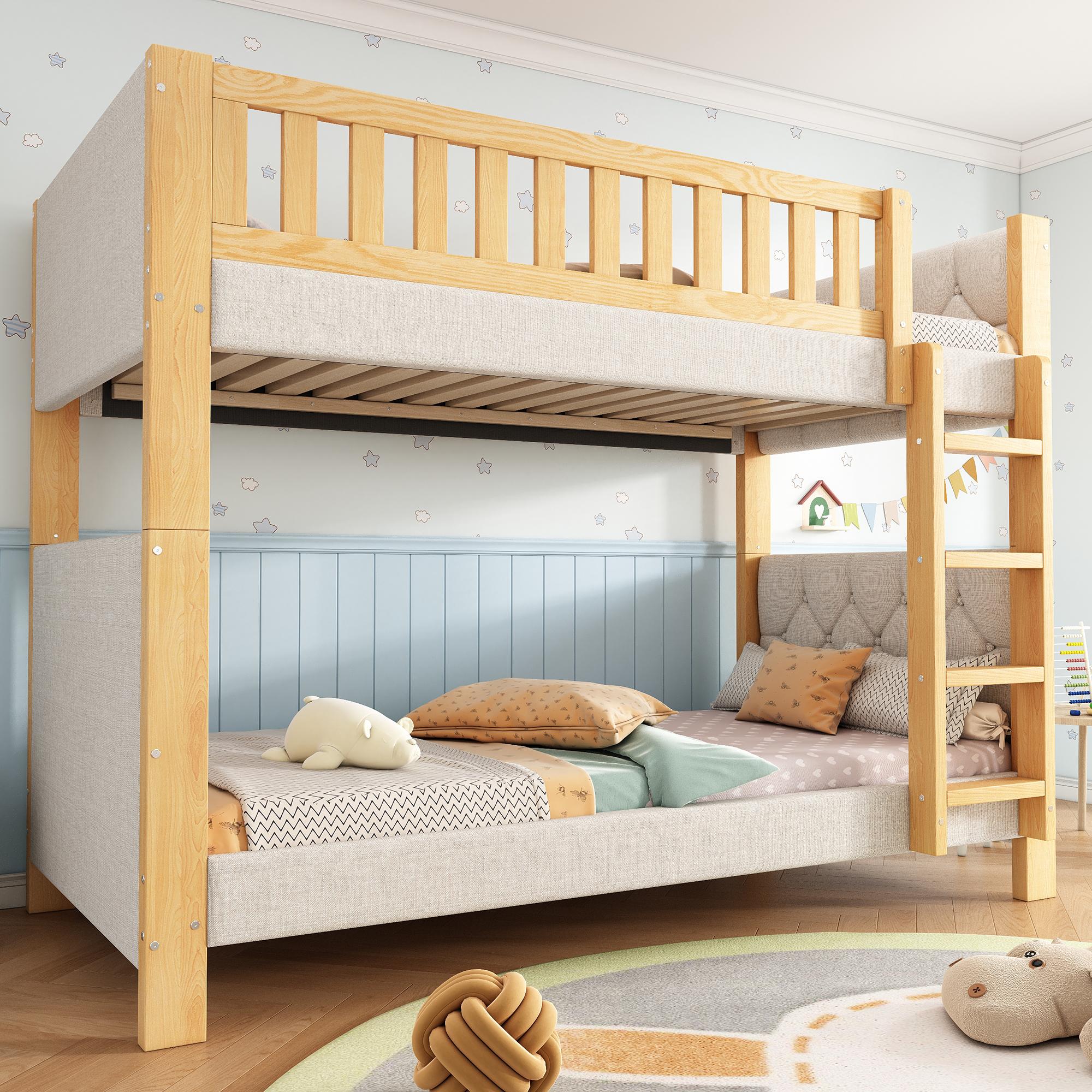 okwish Etagenbett Holzbett 90x200 cm mit Weiche Antikollisions-Schwammkante und Vierstufige gerade Treppe,Kinderbett,Doppelbett mit Stabile Lattenroste,Grau+Natur(ohne Matratze )