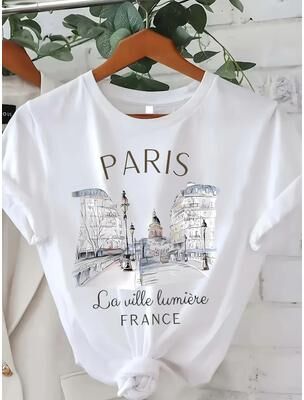 Uplifted Finds 90s Paris Print Women T Shirt Casual Short Sleeve Top xl