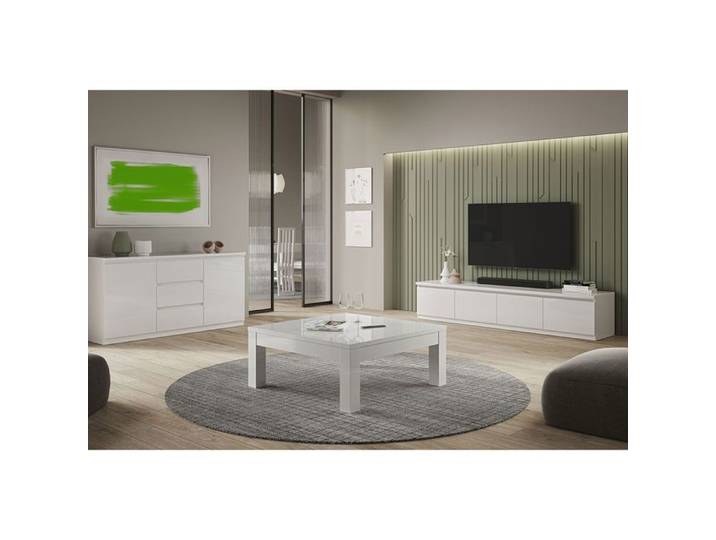 DEYTON - Ensemble Salon Laqué Blanc Meuble TV 4 Portes + Table Basse Carrée + Buffet