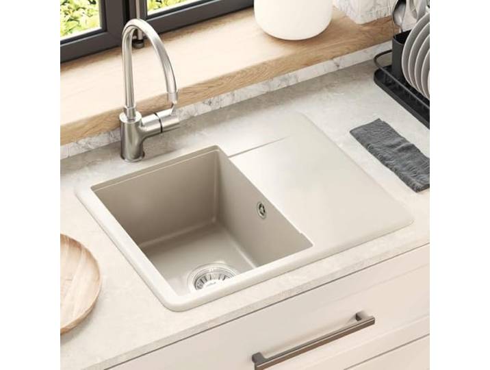 KGTKGTYER Küchenspüle 560 x 460 mm Beige Quarz-Harz-Einbauspüle Rechteckig Hitzebeständig bis 280 C, Kratzfest & fleckabweisend, Inklusive Abflussfilter