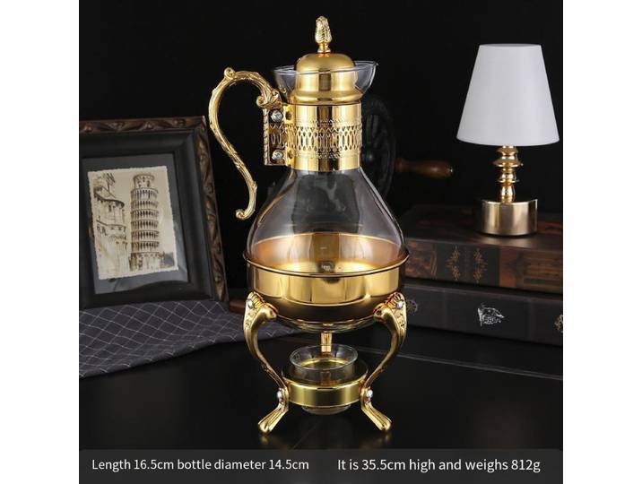 Ensemble d'une pièce de cafetière arabe de style moyen-oriental, ensemble de 3 pièces, style rétro de luxe léger, peut être chauffé par bougie, cafetière en verre, couleur or et argent