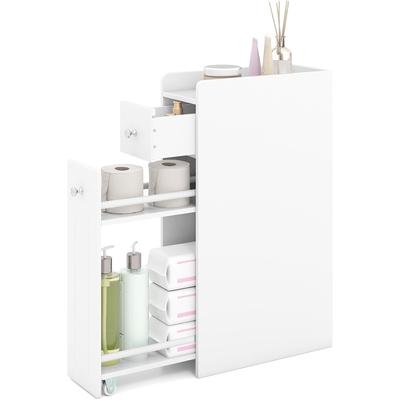 COSTWAY Badschrank mit Schublade & Rollen, klein, Holz, Seitenschrank, Weiß