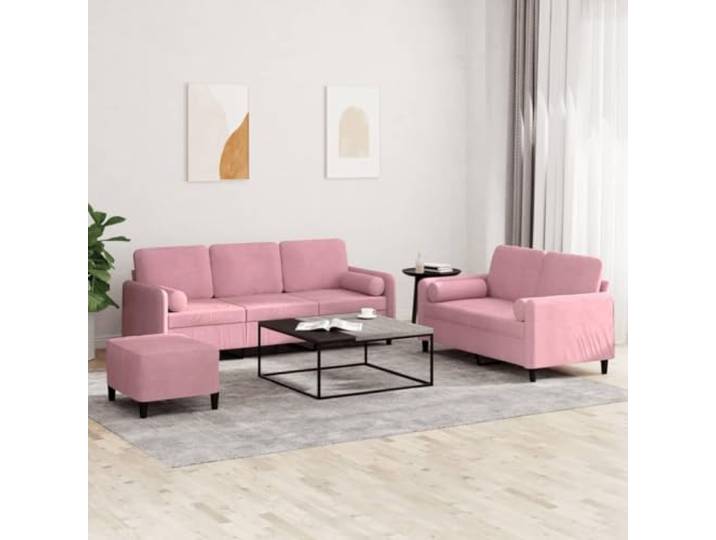 HEFZGDB 3-TLG. Sofagarnitur mit Kissen Rosa Samt – Weiches Velours Sofa Set mit robustem Metallgestell, bequemer Sitzkomfort und praktischem Hocker für Wohnzimmer Entspannung