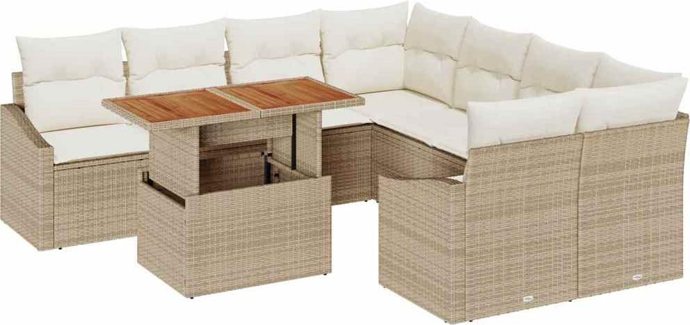 Modulares Garten-Sofa-Set mit Stauraum, 8-Sitzer Poly-Rattan, UV-beständig, wetterfest, Beige, 9-teilig mit Gartentisch