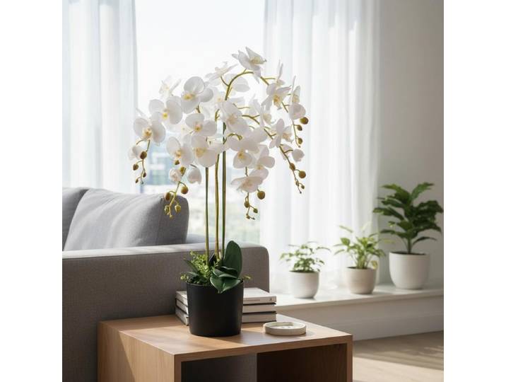Orchidée artificielle blanche 75 cm avec pot inclus, plante fleurie décorative réaliste pour salon et bureau
