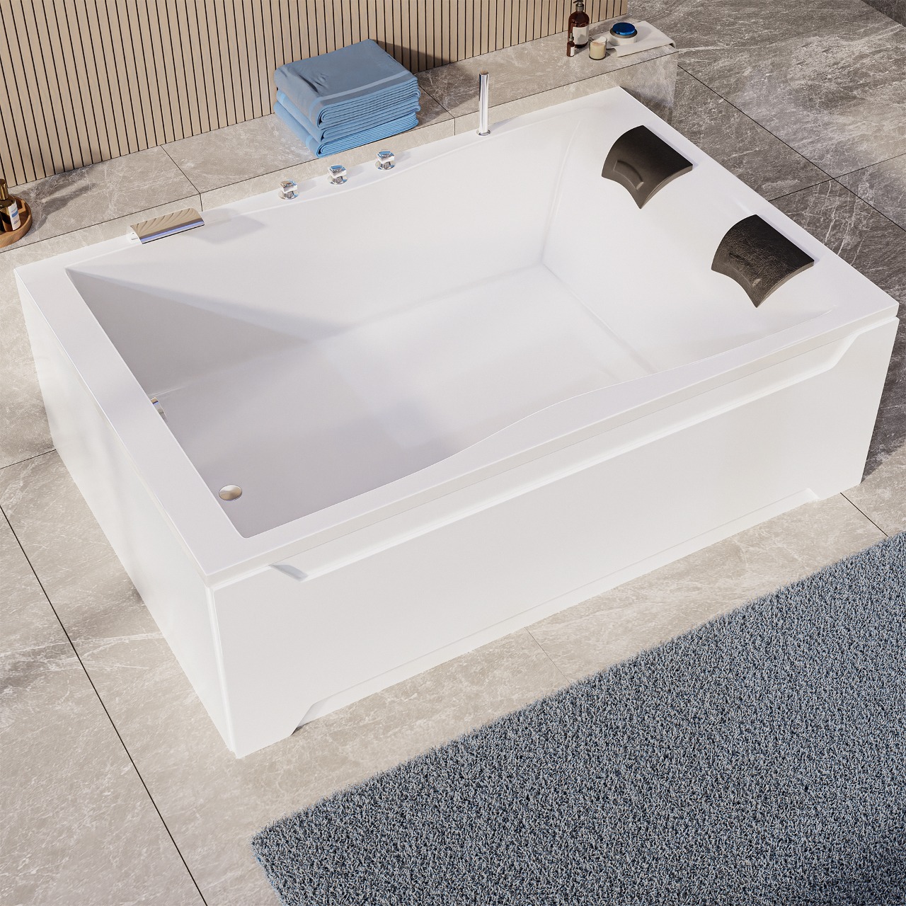 Aquade Acryl Badewanne 180x120cm Hamburg & Gestell + Schürze + Ab-/Überlauf + Nackenkissen + LED