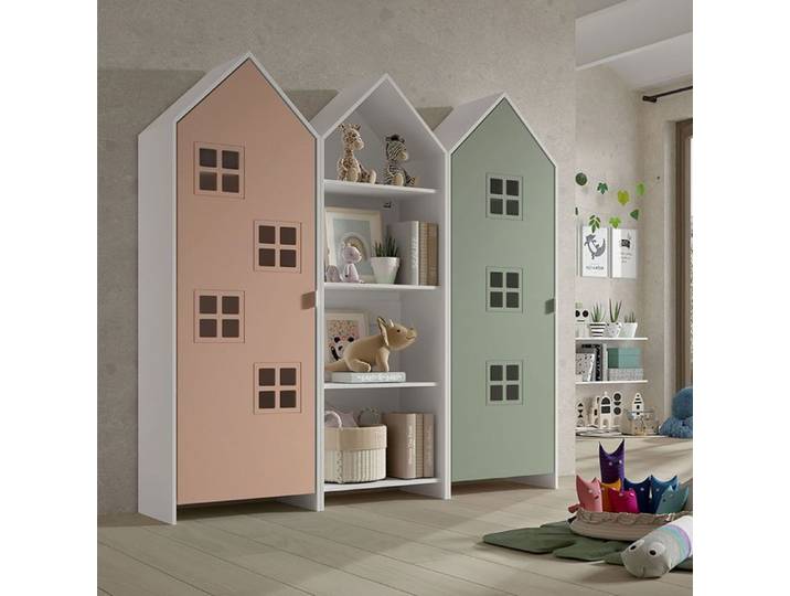 BEAUVILLE - Pack Bibliothèque + 2 Armoires Cabane Portes Verte et Rose
