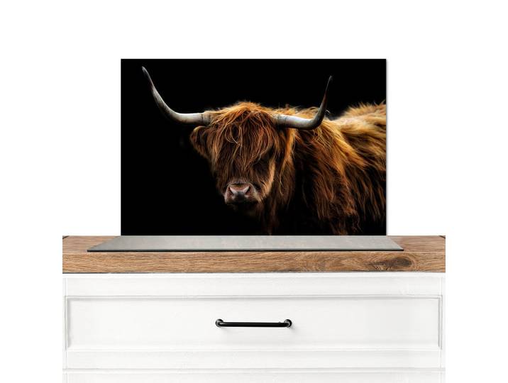 MuchoWow Spritzschutz Küche Schottischer Highlander - Hörner - Schwarz - Tiere - Natur - Wild - Kuh 60x40 cm, Cognac, Metall, Rechteckig, 60x0.3x40 cm, rostfrei, Küchenzubehör, Küchenhelfer, Küchenutensilien