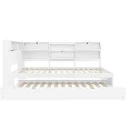 OKWISH Daybett Kiefernholz Weiß 90x200 cm mit Ausziehbett, Kopfteil mit Stauraum und USB/Typ-C