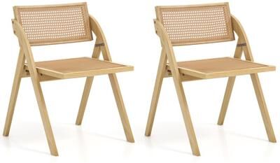 Costway Foldable Dining Chairs Set of 2 with Woven Rattan Backrest-Natural