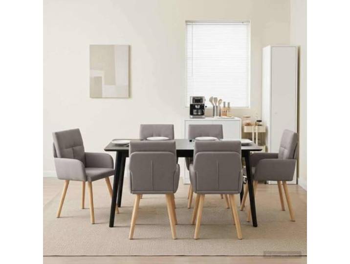 NLQMSU Esszimmerstühle, 6 Stück, Stoff, Taupe, 60 x 56 x 96 cm Metallrahmen, Füße aus braunem Gummi, belüfteter Polyestersitz, geneigte Rückenlehne, flache Armlehnen