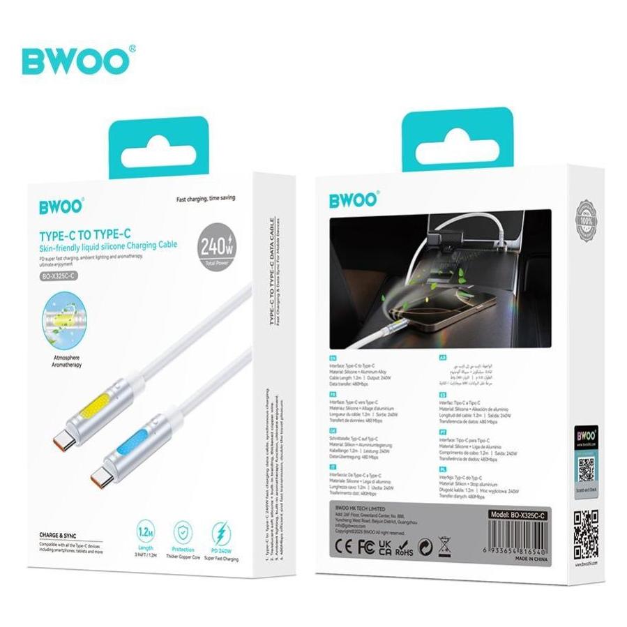 Bwoo 240W Super Fast Charging Data Cable With RGB Light White X325C-C (1.20 m, 240 W) (66637557)