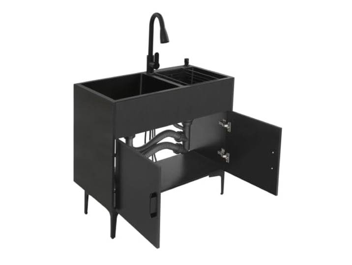 Wäschespüle Mit Unterschrank, Waschbecken Ausziehbarem Wasserhahn, Schrank, Freistehendes Küchenspüle Einfache Installation(Black)