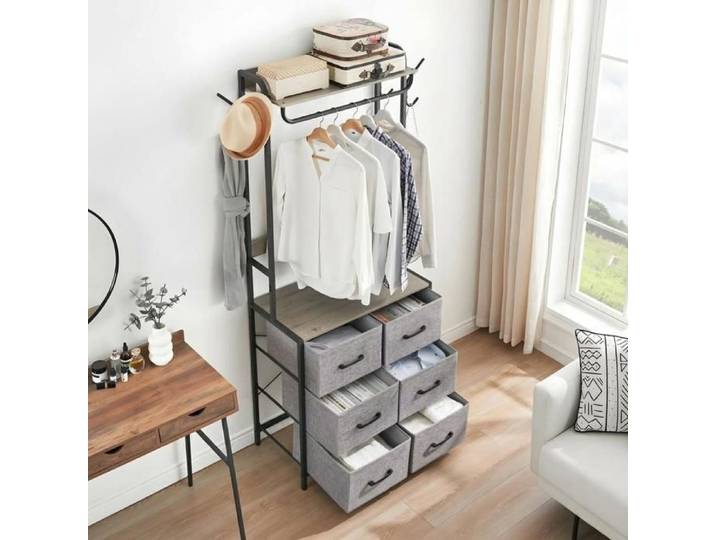 Portant À Vêtement Penderie Armoire Rangement pour Vêtements et Penderies pour Salon Chambre Dressing Avec 6 Tiroirs en Tissu