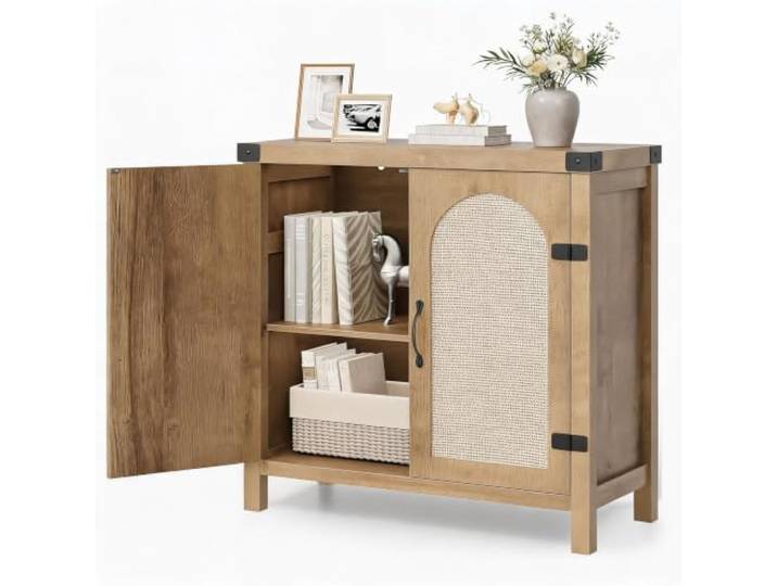 AsyPets Boho Rattan Sideboard mit Türen – Verstellbare Ablagen, Anti-Kippschutz, 80x35x84 cm, für Wohnzimmer, Esszimmer & Flur – Holzfarbe