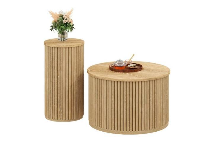 Fine Life Pro Couchtisch Doppelter runder Couchtisch, Naturholzlatten, multifunktional, modern, Beistelltisch für Wohnzimmer, stilvolles & vielseitiges Design