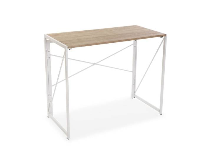 Bureau pliant en aggloméré imitation bois et métal blanc