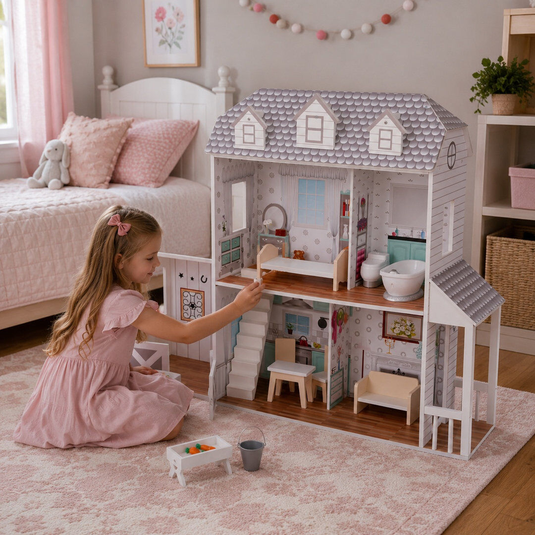 Teamson Kids 2-Story Wooden Dollhouse with Horse Stable, Porch, Movable Fence & 14 Accessories White;Gray 89.5cm H X 40.98cm W X 13.5cm D