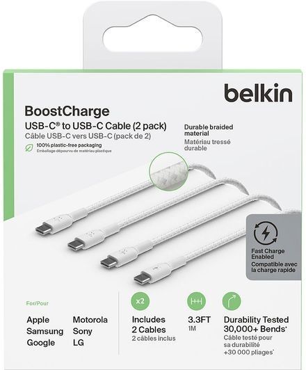 Belkin Braided USB Type-C Cable 1m White Pack of 2