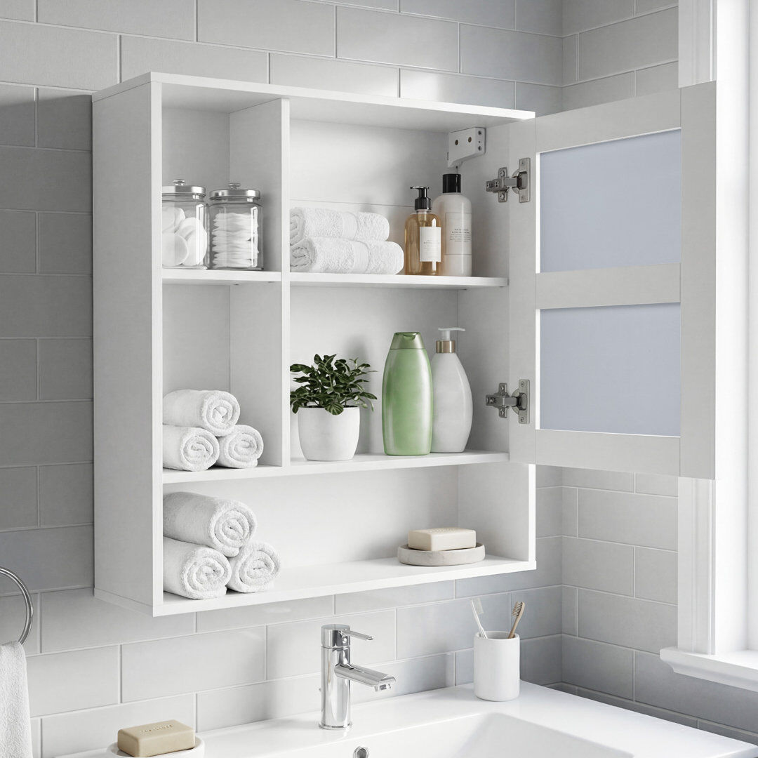 Brayden Studio Bathroom Wall Mirror Cabinet Space-saving Wall Mounted Wooden Storage Cabinet w/ 3 Open Shelves White