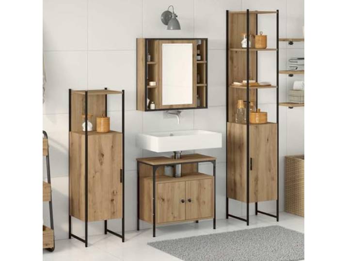 Xolmizyn Badezimmermöbel-Set 4-TLG Artisan-Eiche Holzwerkstoff Badmöbel Set mit Spiegel und Regal Stauraum