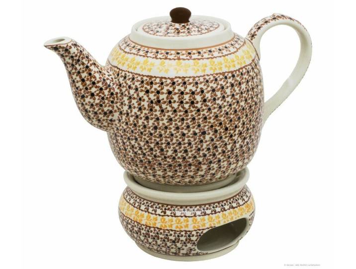 Bunzlauer Keramik Teekanne 1,5L Teekanne mit Stövchen – Zeitlos, kompakt-bauchige Form, Dekor 973, 1,50 l