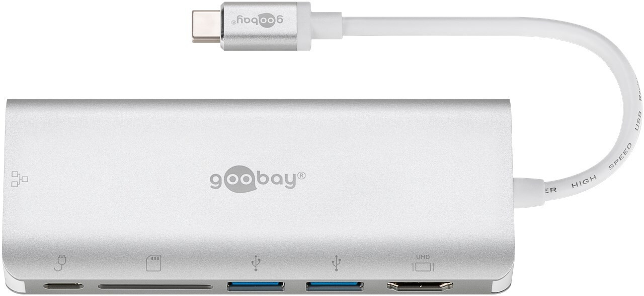 Goobay USB-C multiport adapter met HDMI 4K 30 Hz, USB, Cardreader, RJ45 en PD, aluminium