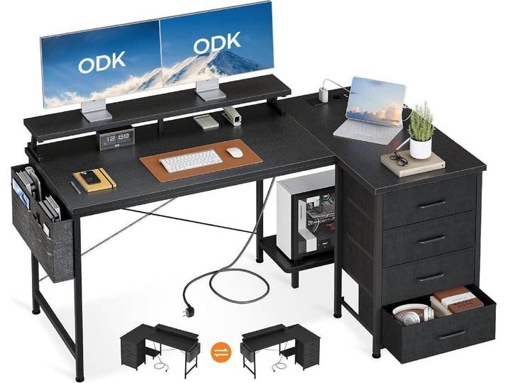 ODK L-förmiger Schreibtisch mit USB-Ladeanschluss und Steckdose, Schwarz 140x80cm