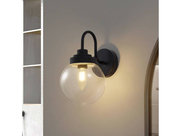 Wandleuchte Badolo Lucande, dimmbar, schwarz, für Badezimmer, Metall, Kugellampe