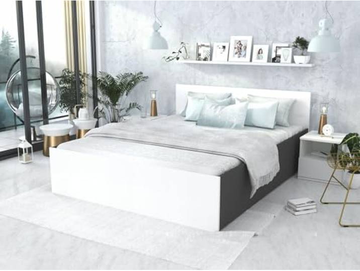 roe furniture Doppelbett 120x200cm, Stauraumbett mit Bettkasten & Birkenholz Lattenrost, Robustes Bett mit Kopfteil, Bettgestell aus Schichtstoffplatte, mit Matratze, Weiß/Grau