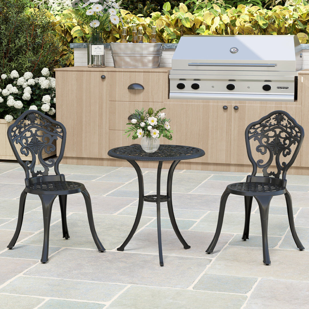 Astoria Grand Cast Aluminium Garden Bistro Set with Parasol Hole for 2 Black Black 2