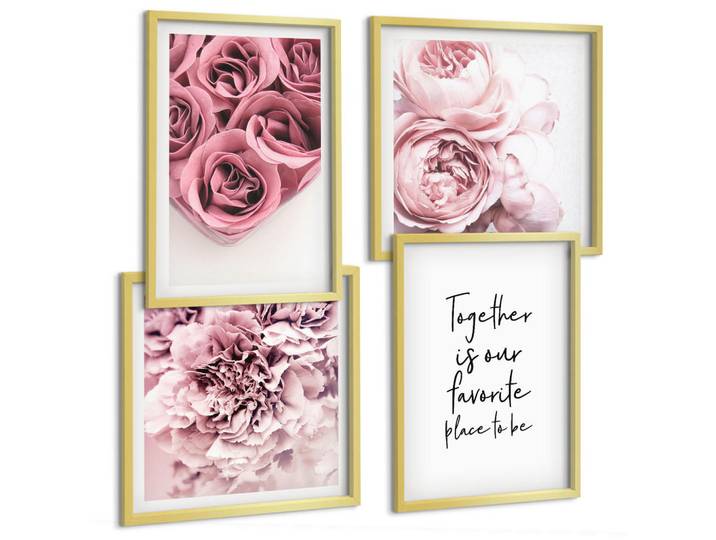 Tulup Bilder SET 4er Set - 50x50 cm & 40x60 cm Goldrahmen - Blumensträuße mit Rosen, Hausinschrift, Goldfarben, Kunststoff, Rechteckig, 50x50 cm, gerahmt, Bilder & Rahmen, Bilder