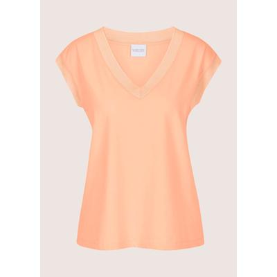 Kurzarmshirt MADELEINE "Jerseyshirt Sommershirt mit Rippenbändern", Damen, Gr. 38, orange (pfirsich), Obermaterial: 92% Baumwolle CO. 8% Elasthan EL., Modern, V-Ausschnitt, Shirts, Breites Rippenband