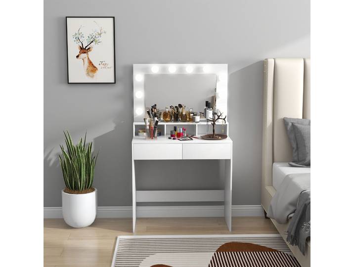 HOMCOM Coiffeuse Hollywood Miroir LED 3 Modes 80x40x135cm Blanc