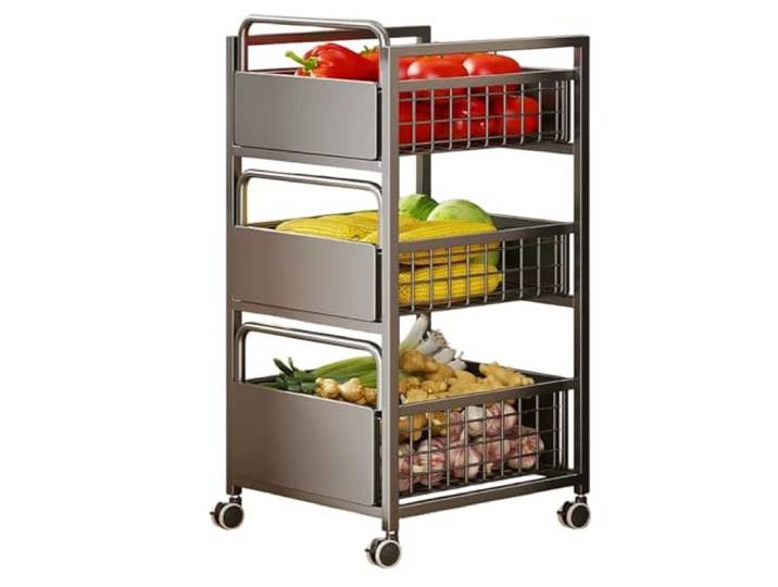 Rv2sGf3kH Küchenwagen 3-stufiger rollender Gemüsekorbwagen, beweglicher Küchenobst-Aufbewahrungsregal-Organizer(Schwarz,Groß)
