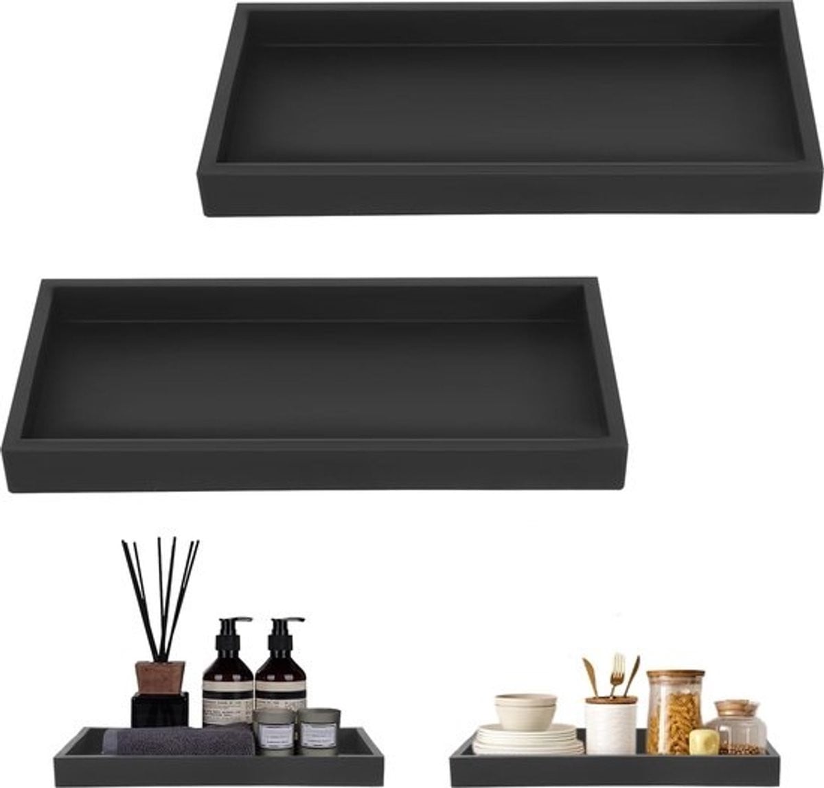 Set van 2 zwarte decoratieve dienbladen voor badkamer, keuken en toilet, waterbestendig